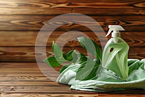 Organic laundry soap with eco packaging and leaves arranged on rustic wooden surface
