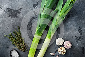 Organic Leek onion Stalks with herbs ingredients for coocing Braised Leeks, on grey textured background top view with space for