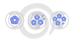 Organic linen color labels set. Linen product badge. Vector flat round icons isolated on white background.