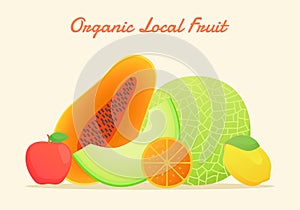 Organic local fruit set collection melon papaya apple orange lemon fresh juicy vitamin nutrition fiber white isolated