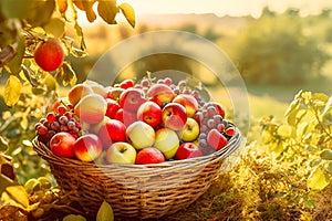 Organic local fruits in basket in summer grass on blurred rural landscape background