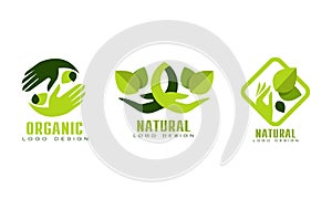 Organic Logo Design Templates Set. Natural, Eco, Bio Food, Cosmetic Products Badges with Set with Green Leaves Flat