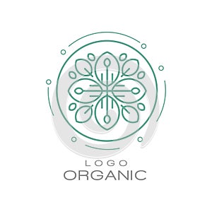 Organic logo, ecology sign for healthy products, natural cosmetics, premium quality food and drinks, packaging vector