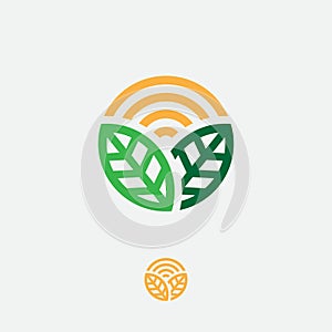 Organic logo. Farmer products emblem. Leaves and sun in a circle.