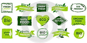 Organic logo. Vegan product labels, natural food and eco vegetables badges, fresh and healthy product stickers. Vector