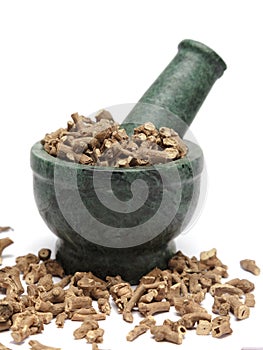 Organic Long pepper Dried roots (Piper longum) on marble pestle