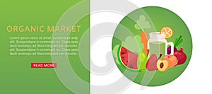 Organic market of fresh healthy food products for vegetarians, vegetables and fruits web banner cartoon vector