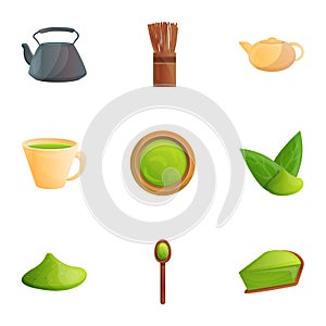 Organic matcha tea icon set, cartoon style