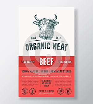 Organic Meat Abstract Vector Packaging Design or Label Template. Farm Grown Beef Steaks Banner. Modern Typography and