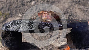 Organic meat eating, juicy steak in flavoring roasted on hot stone and dripping melted fat with oil at fire with smoke