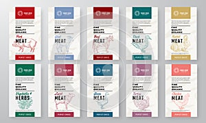 Organic Meat, Poultry, Vegetables Vector Packaging Design Textured Label Templates Set. Beef, Chicken, Herbs Food