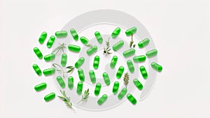 Organic medical pills with herbal plant on white background