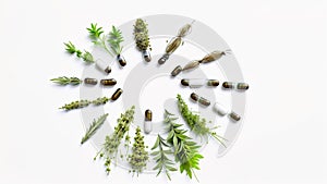 Organic medical pills with herbal plant on white background
