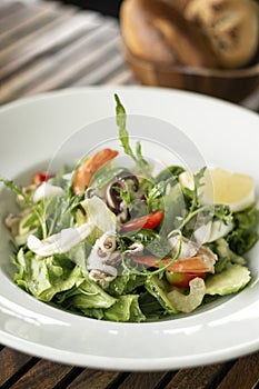 Organic mixed green salad with fresh seafood in portugal