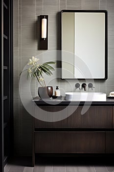 Organic modern bathroom, limewash walls, very dark wood flooring, dark countertops. AI Generated