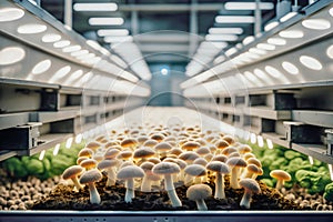Organic mushrooms growing on modern mushroom farm