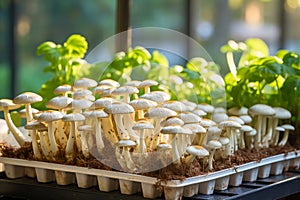 Organic mushrooms growing on modern mushroom farm