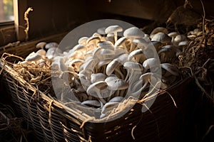 Organic mushrooms in handwoven wicker basket. Ideal for cooking