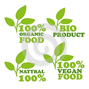 Organic natural bio labels icon set, healthy food icons, 100 organic food, fresh organic vegetarian food. Vector
