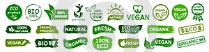 Organic natural bio labels set icon, healthy foods badges, fresh eco vegetarian food Ã¢â¬â vector photo