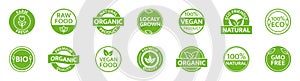 Organic, natural, bio product icon set. Gmo free. Healthy vegan food label. Farm fresh, locally grown badges. Eco