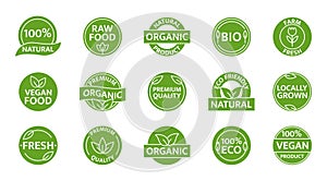 Organic, natural, bio product icon set. Healthy vegan food label. Farm fresh, locally grown badges. Eco friendly tag