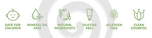 Organic and natural cosmetic line icons. Skincare symbol. Allergen free badges. Beauty product. Clean cosmetic. Non