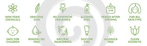 Organic and natural cosmetic line icons. Skincare symbol. Allergen free badges. Beauty product. Gluten and paraben free