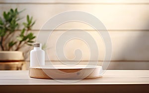 Organic natural eco concept. Empty wooden podium with plants on table over blurred bathroom background for product placement,