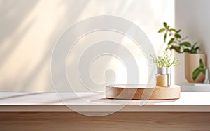 Organic natural eco concept. Empty wooden podium with plants on table over blurred bathroom background for product placement,