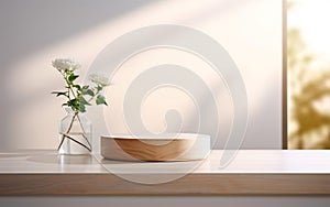 Organic natural eco concept. Empty wooden podium with plants on table over blurred bathroom background for product placement,