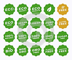 Organic natural and eco labels set graphic design. Fresh, vegetarian, vegan and healthy food products badges vector illustration