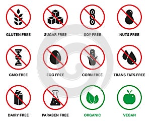 Organic Natural Food for Vegan Symbol. Silhouette Set Black Icon. Sugar, GMO, Dairy, Nitrates, Trans Fat, Sugar, Soy