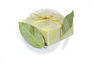 Organic natural handmade bay laurel soap with olive oil isolated on white background