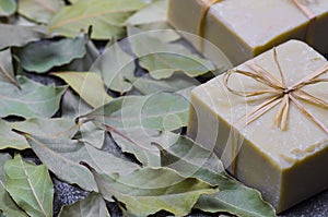 Organic natural handmade bay laurel soap with olive oil and leaves