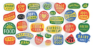 Organic, natural labels and icons, tags. Badges set of vegan, healthy food, organic signs and elements