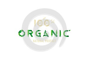 100 Organic. Natural product Logo with green tree leaf for world ecology nature. Flat Vector Illustration EPS10