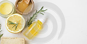 Organic natural skincare products with herbal lemon and rosemary oil, manuka honey , natural soap and salve balm
