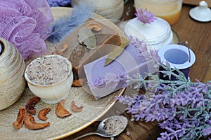 Organic natural soap, aroma salt, spa handmade artisan cosmetics with lavender