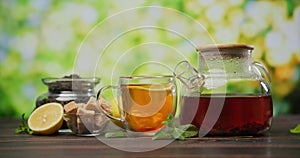 organic natural tea brewing in a glass teapot on a wooden table