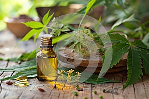 Organic neem oil with leaves and flowers on wooden surface