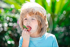 Organic nutrition. Kids pick fresh organic strawberry. Cute cheerful child eats strawberries. The schoolboy is eating