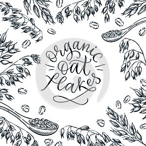 Organic oats flakes label, emblem or packaging design with calligraphic lettering. Vector sketch oatmeal illustration photo