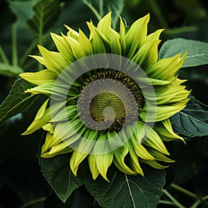 Organic And Ominous: Bright Green Sunflower In Bloom