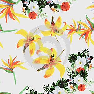 Organic Pattern Foliage. Nature Seamless Texture. Green Tropical Hibiscus. Natural Wallpaper Plant. White Flower Botanical. Garden