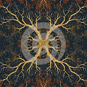 organic pattern intricate web of roots below the forest floor. Employ complex lines and a mix of earthy colors. AI Generated