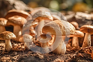 Organic porcini mushrooms growing on mushroom farm