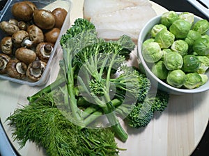 Organic pork meal ingredients on clean kitchen surface