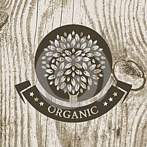 Organic product badge with tree on wooden texture. Vector illustration background