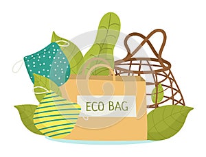 Organic product from grocery concept, vector illustration. Eco bag with natural food fruit from cartoon market design